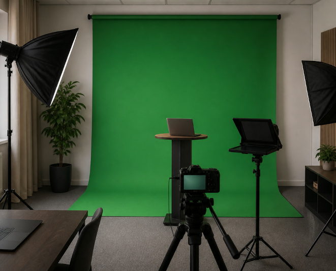 Kompaktes Green-Screen-Studio mit Kamera, Licht, Teleprompter und Laptop